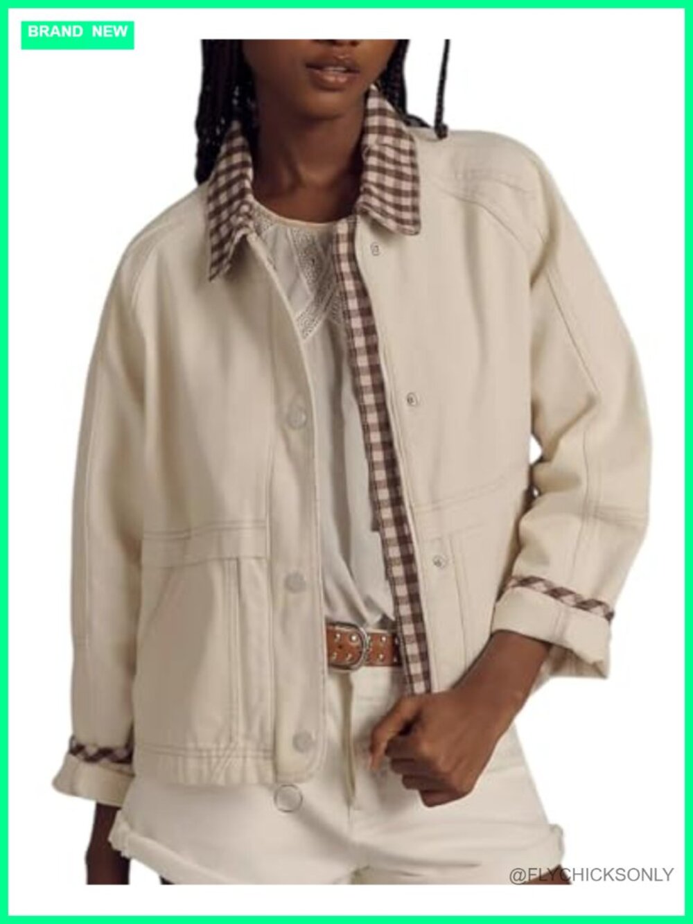 Women's Casual Button Front Plaid Cuffs Collar Jacket with Pockets